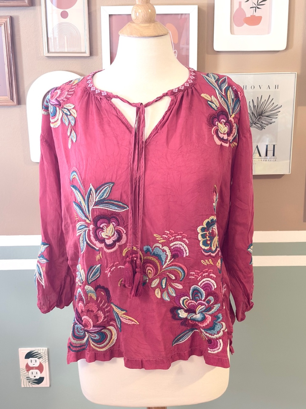 Johnny Was Zadonia Floral Embroidered Tassel Tie-Neck Blouse